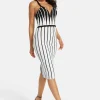 Women's Midi Dress with Spaghetti Straps in Black and White Stripes - Chic Knitted Design by Liquorish