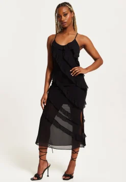 Women's Midi Dress with Spaghetti Straps and Diagonal Frill Detail in Black - Liquorish