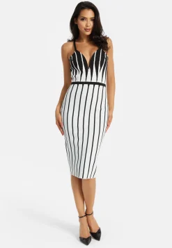 Women's Midi Dress with Spaghetti Straps in Black and White Stripes - Chic Knitted Design by Liquorish