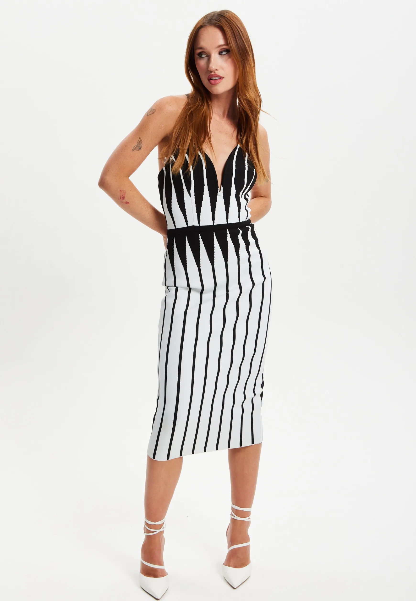 Women's Midi Dress with Spaghetti Straps in Black and White Stripes - Chic Knitted Design by Liquorish