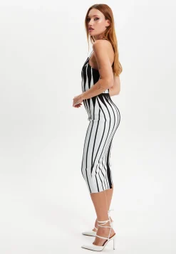 Women's Midi Dress with Spaghetti Straps in Black and White Stripes - Chic Knitted Design by Liquorish