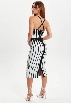 Women's Midi Dress with Spaghetti Straps in Black and White Stripes - Chic Knitted Design by Liquorish