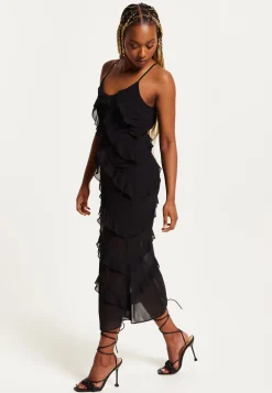 Women's Midi Dress with Spaghetti Straps and Diagonal Frill Detail in Black - Liquorish