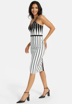 Women's Midi Dress with Spaghetti Straps in Black and White Stripes - Chic Knitted Design by Liquorish