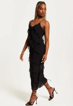 Women's Midi Dress with Spaghetti Straps and Diagonal Frill Detail in Black - Liquorish
