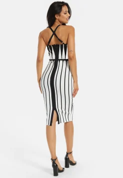 Women's Midi Dress with Spaghetti Straps in Black and White Stripes - Chic Knitted Design by Liquorish