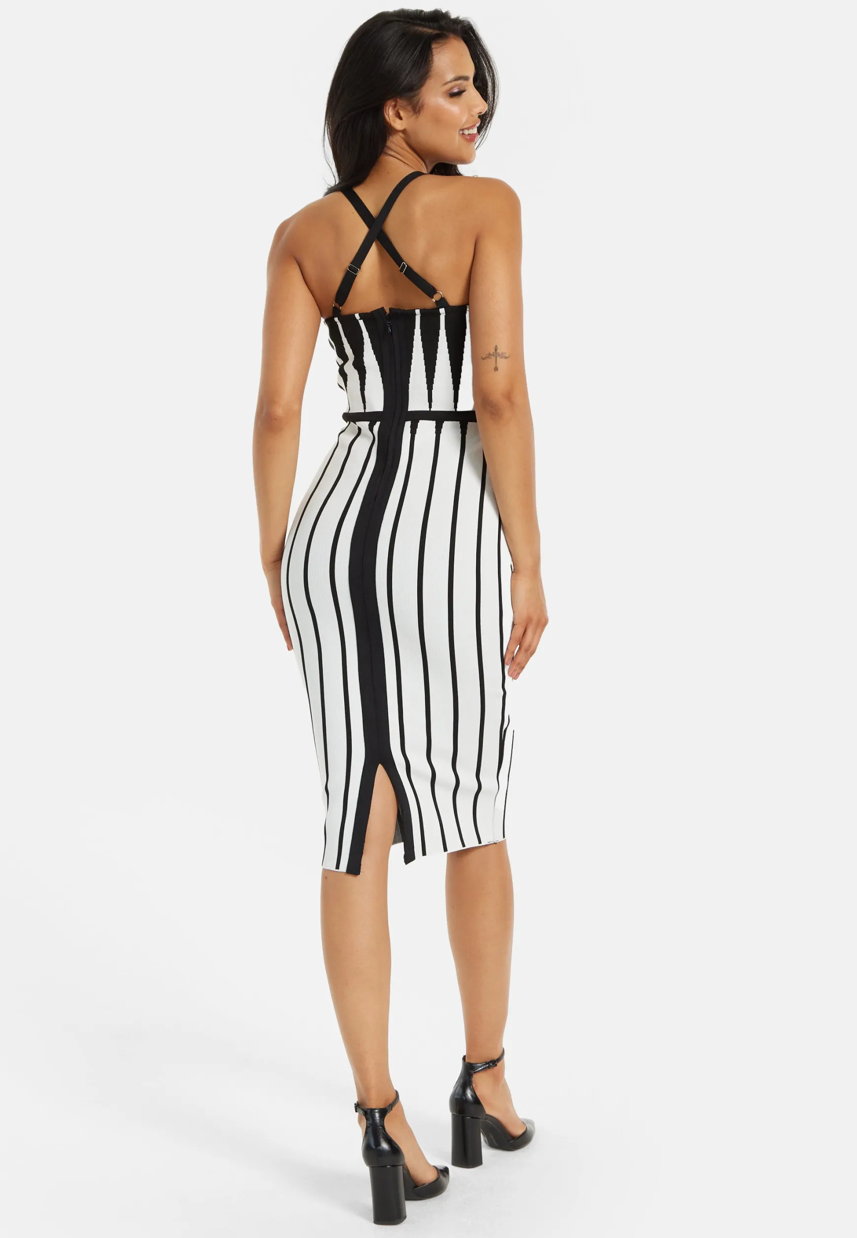 Women's Midi Dress with Spaghetti Straps in Black and White Stripes - Chic Knitted Design by Liquorish