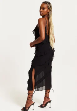 Women's Midi Dress with Spaghetti Straps and Diagonal Frill Detail in Black - Liquorish