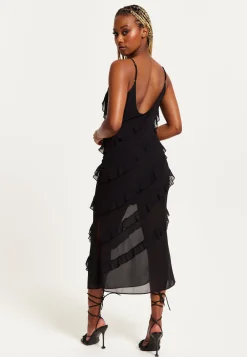 Women's Midi Dress with Spaghetti Straps and Diagonal Frill Detail in Black - Liquorish