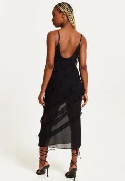 Women's Midi Dress with Spaghetti Straps and Diagonal Frill Detail in Black - Liquorish