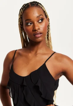 Women's Midi Dress with Spaghetti Straps and Diagonal Frill Detail in Black - Liquorish
