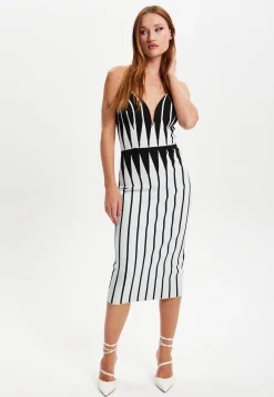 Women's Midi Dress with Spaghetti Straps in Black and White Stripes - Chic Knitted Design by Liquorish