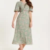 Women's Midi Dress with Tie Waist and Short Sleeves in Mint Green - Liquorish