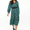 Women's Midi Dress with Tiered Skirt Detail in Green, Yellow & Navy - Short Sleeve - Stylish African Print by Liquorish