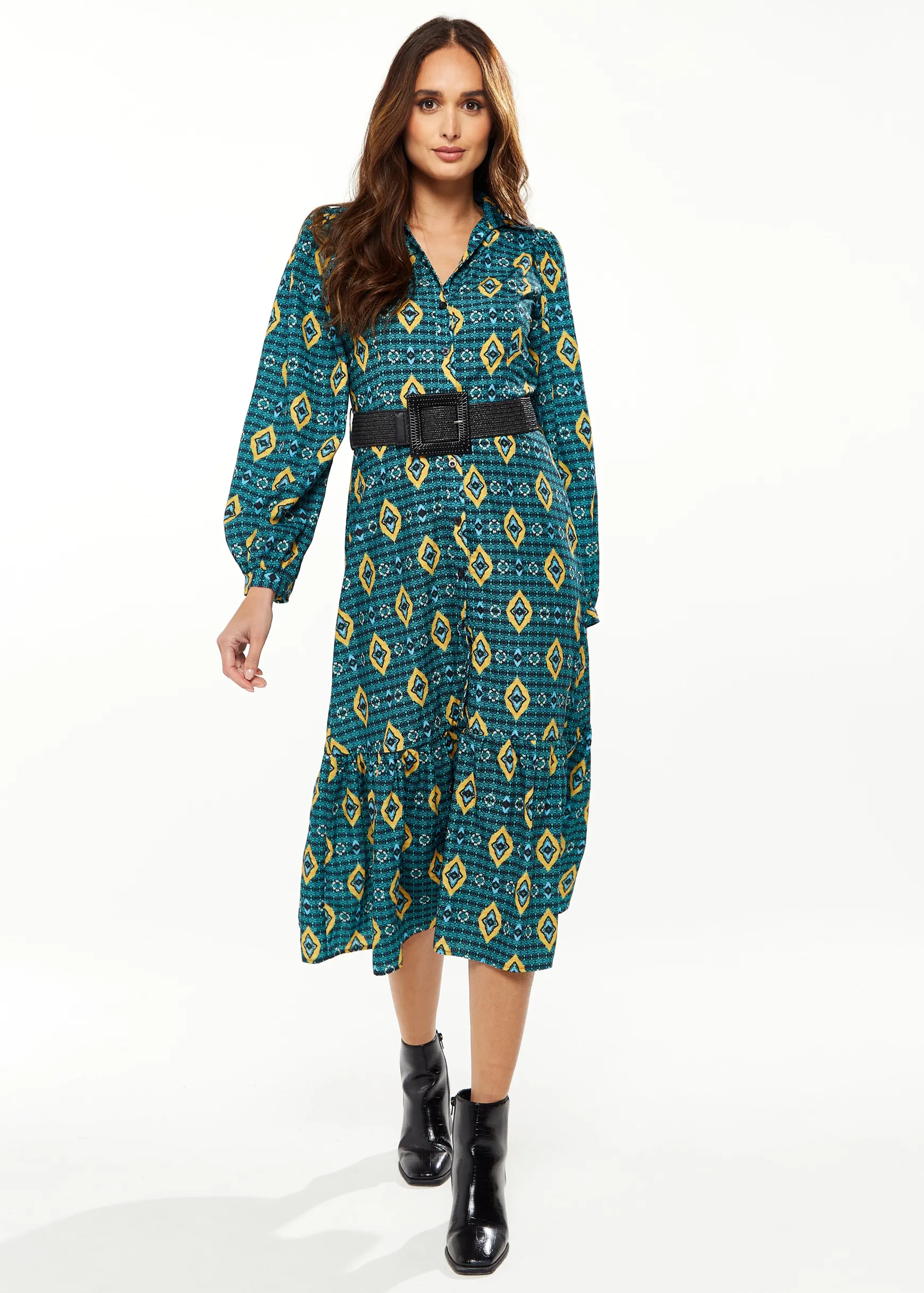 Women's Midi Dress with Tiered Skirt Detail in Green, Yellow & Navy - Short Sleeve - Stylish African Print by Liquorish