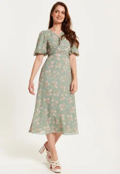 Women's Midi Dress with Tie Waist and Short Sleeves in Mint Green - Liquorish