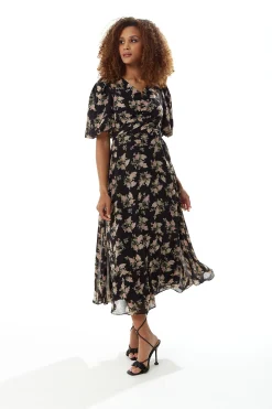 Women's Midi Dress with Tie Waist and Short Sleeves in Navy - Floral Print, Regular Fit by Liquorish