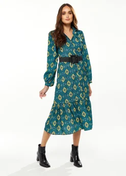 Women's Midi Dress with Tiered Skirt Detail in Green, Yellow & Navy - Short Sleeve - Stylish African Print by Liquorish