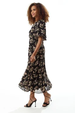 Women's Midi Dress with Tie Waist and Short Sleeves in Navy - Floral Print, Regular Fit by Liquorish