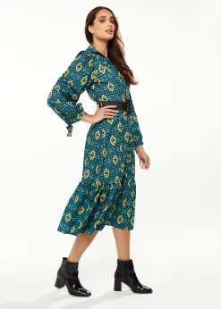 Women's Midi Dress with Tiered Skirt Detail in Green, Yellow & Navy - Short Sleeve - Stylish African Print by Liquorish