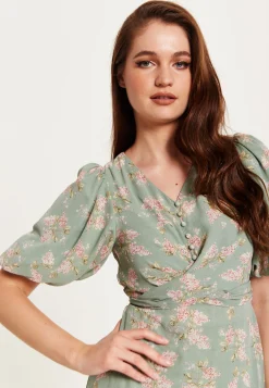 Women's Midi Dress with Tie Waist and Short Sleeves in Mint Green - Liquorish