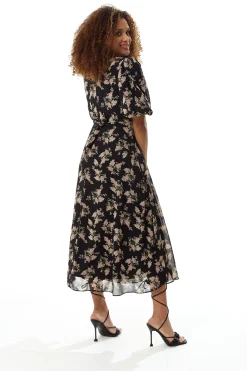 Women's Midi Dress with Tie Waist and Short Sleeves in Navy - Floral Print, Regular Fit by Liquorish