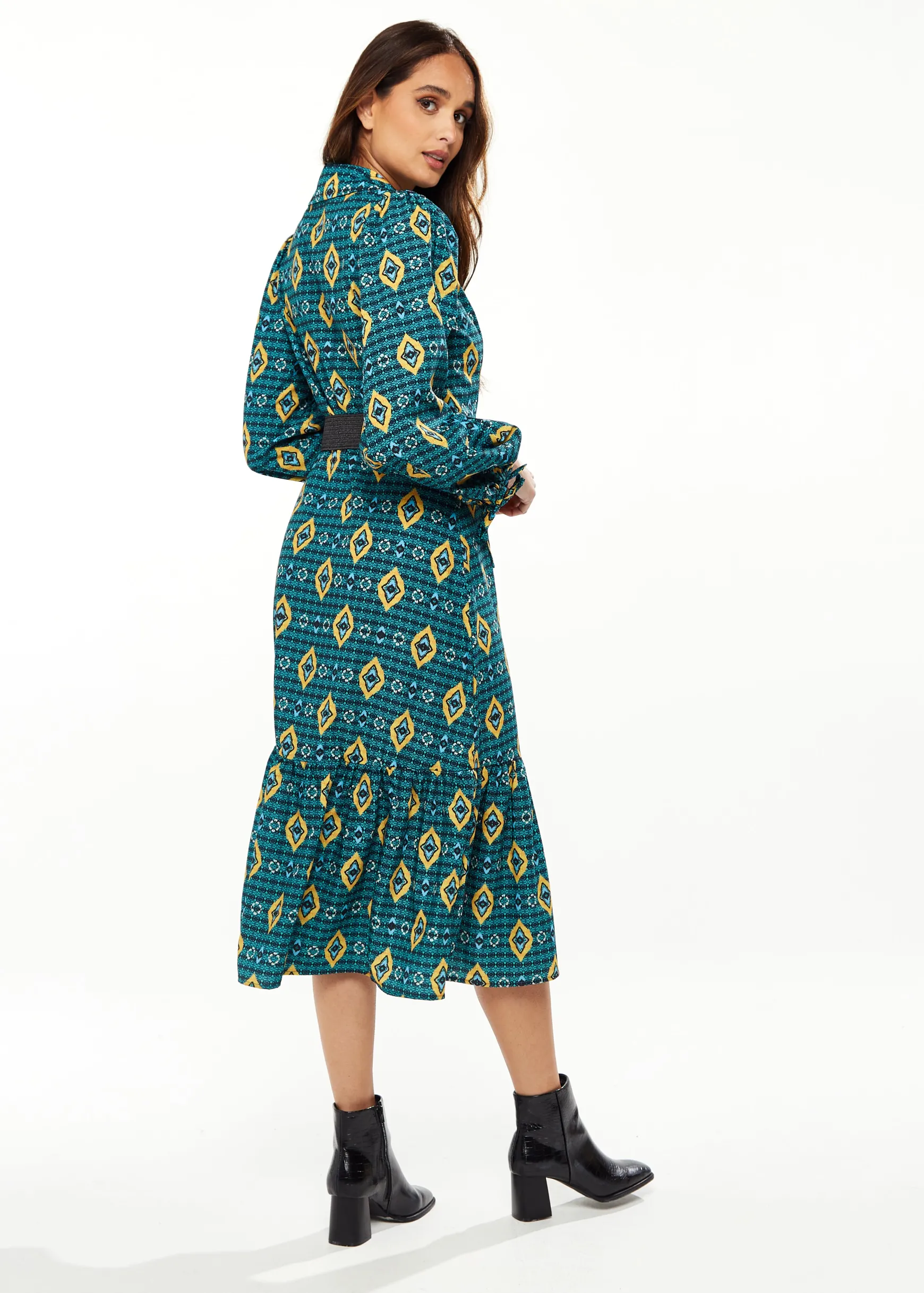 Women's Midi Dress with Tiered Skirt Detail in Green, Yellow & Navy - Short Sleeve - Stylish African Print by Liquorish