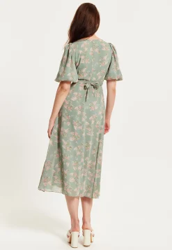 Women's Midi Dress with Tie Waist and Short Sleeves in Mint Green - Liquorish