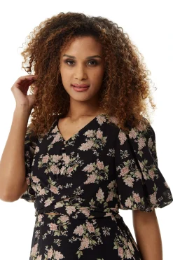 Women's Midi Dress with Tie Waist and Short Sleeves in Navy - Floral Print, Regular Fit by Liquorish