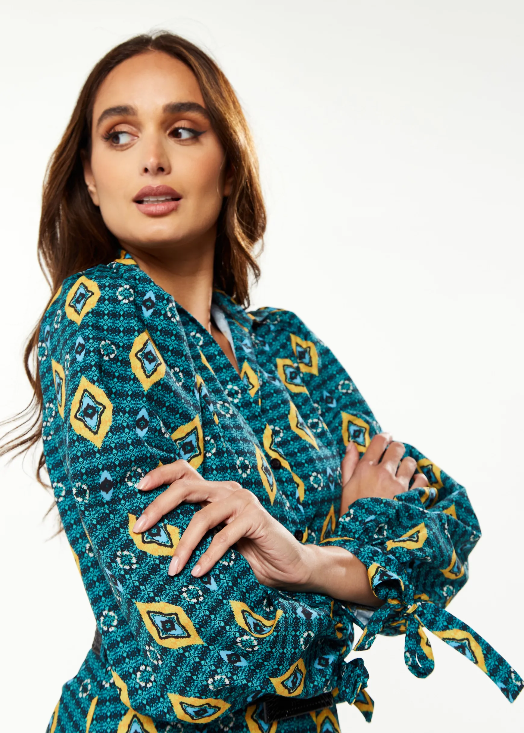 Women's Midi Dress with Tiered Skirt Detail in Green, Yellow & Navy - Short Sleeve - Stylish African Print by Liquorish