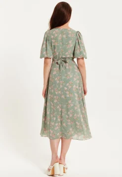 Women's Midi Dress with Tie Waist and Short Sleeves in Mint Green - Liquorish