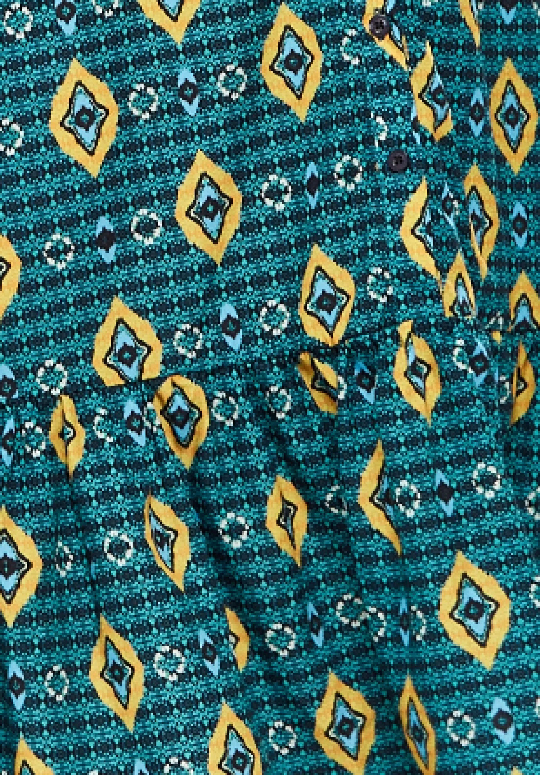 Women's Midi Dress with Tiered Skirt Detail in Green, Yellow & Navy - Short Sleeve - Stylish African Print by Liquorish