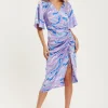 Women's Midi Dress with V Neck and Kimono Sleeves in Lilac Abstract Zebra Print, Perfect for Weddings - Liquorish