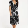 Women's Midi Dress with V Neckline and Short Sleeves in Stylish Mono Abstract Print - Liquorish