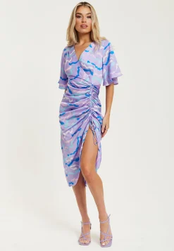 Women's Midi Dress with V Neck and Kimono Sleeves in Lilac Abstract Zebra Print, Perfect for Weddings - Liquorish