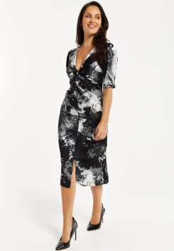 Women's Midi Dress with V Neckline and Short Sleeves in Stylish Mono Abstract Print - Liquorish