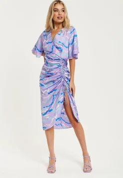 Women's Midi Dress with V Neck and Kimono Sleeves in Lilac Abstract Zebra Print, Perfect for Weddings - Liquorish