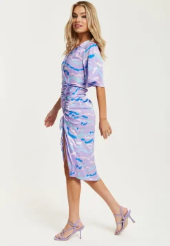 Women's Midi Dress with V Neck and Kimono Sleeves in Lilac Abstract Zebra Print, Perfect for Weddings - Liquorish