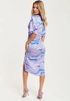 Women's Midi Dress with V Neck and Kimono Sleeves in Lilac Abstract Zebra Print, Perfect for Weddings - Liquorish