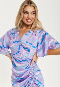 Women's Midi Dress with V Neck and Kimono Sleeves in Lilac Abstract Zebra Print, Perfect for Weddings - Liquorish