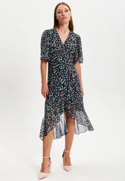 Women's Midi Dress with V-Neck and Long Sleeves in Animal Print Organza - Liquorish