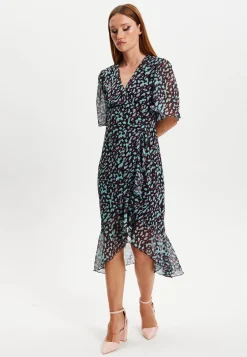 Women's Midi Dress with V-Neck and Long Sleeves in Animal Print Organza - Liquorish