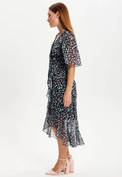 Women's Midi Dress with V-Neck and Long Sleeves in Animal Print Organza - Liquorish