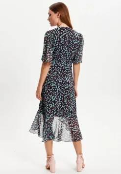 Women's Midi Dress with V-Neck and Long Sleeves in Animal Print Organza - Liquorish