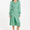 Women’s Midi Jacquard Dress in Mint with V-Neckline, Puffy Sleeves, and Front Slit