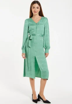 Women’s Midi Jacquard Dress in Mint with V-Neckline, Puffy Sleeves, and Front Slit
