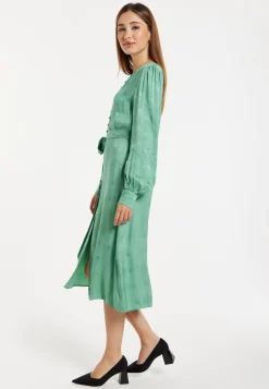 Women’s Midi Jacquard Dress in Mint with V-Neckline, Puffy Sleeves, and Front Slit