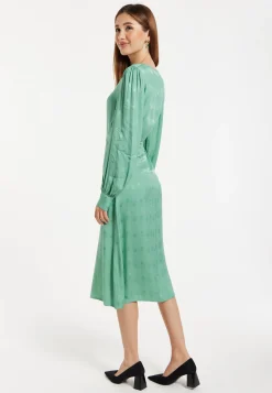 Women’s Midi Jacquard Dress in Mint with V-Neckline, Puffy Sleeves, and Front Slit