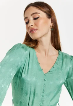 Women’s Midi Jacquard Dress in Mint with V-Neckline, Puffy Sleeves, and Front Slit