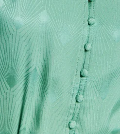 Women’s Midi Jacquard Dress in Mint with V-Neckline, Puffy Sleeves, and Front Slit